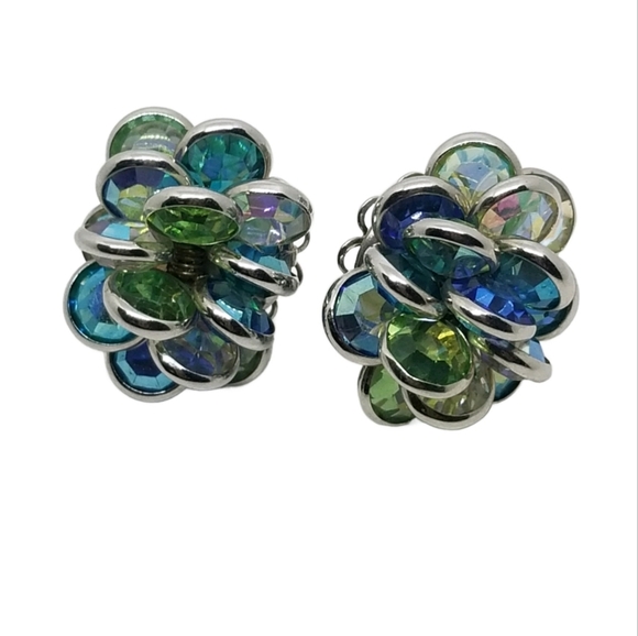 SWAROVSKI SAVVY COLLECTION 1980s BLUE/GREEN CRYSTAL BEZEL SET CLUSTER EARRINGS - Picture 3 of 5